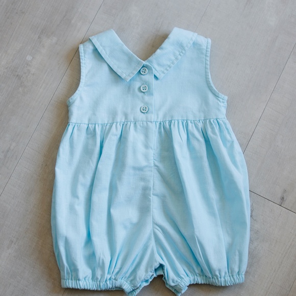 SALE- Infant Romper Bubble Aqua Blue Sleeveless Linen Spring Summer 3/6 Months - Picture 2 of 4